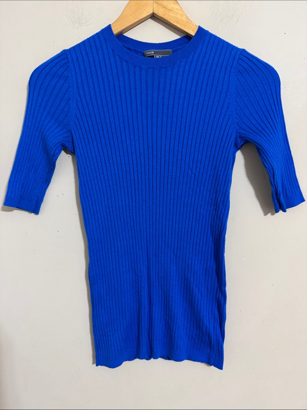 Vince Ribbed Short-Sleeve Knit Top Blue size XS Minimalist Office Capsule Casual